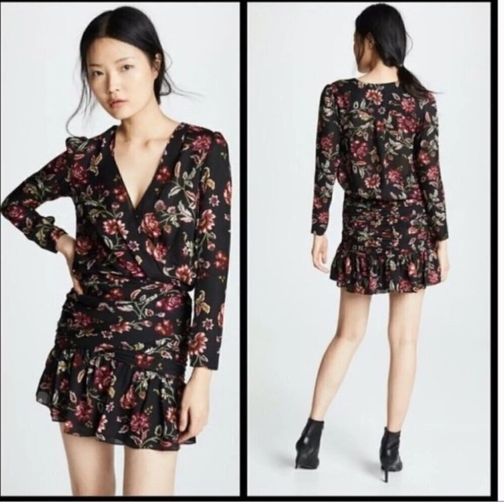 A.L.C. | Haven Ruched Floral Print 100% Silk Dress black red sz 0
